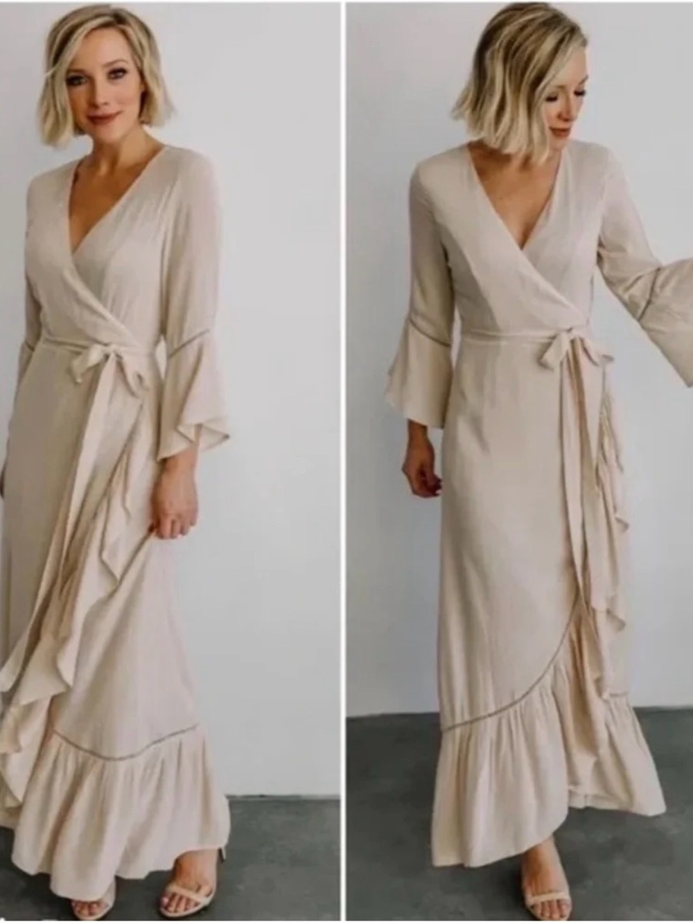 Baltic Born Nude Beige Wrap Maxi Dress with Ruffle Hem